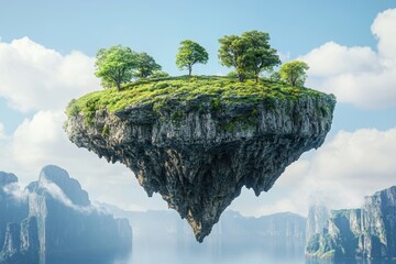 Floating island with lush greenery above serene waters and rocky landscape