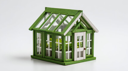 Miniature greenhouse house model eco living sustainability home gardening real estate concept isolated background