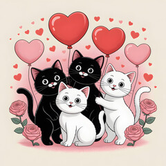 Cute Valentine Cats with Heart Balloons and Roses &mdash; Cute Cartoon Four Cats Valentine Illustration, Romantic Pet Love Clipart
