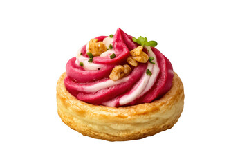 Beet mousse vol-au-vent appetizer with walnuts and chives, gourmet canap&eacute; on transparent background