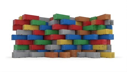 Huge Stack of Diverse Shipping Containers, Multicolored Cargo Unit Wall Concept Isolated on White