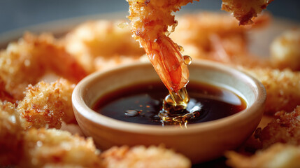 A Crispy Golden Shrimp Tempura Dipping into Soy Sauce Macro