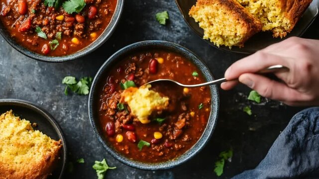 Delicious chili served in bowls with cornbread on a dark background
