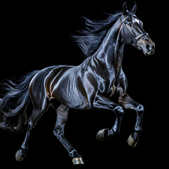 Close-up action shot of a black American Saddlebred horse, with its mane and tail whipping in motion. The horse&rsquo;s eyes are alert, ears forward, and legs elevated in the breed&rsquo;s signature gait. Photogr