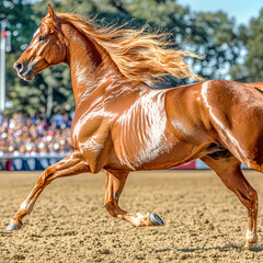 Side view of a glossy chestnut Saddlebred trotting with flair in an arena, its tail set high and fanned out behind in full motion. The image is captured in 8K clarity with crisp muscle definition, pol