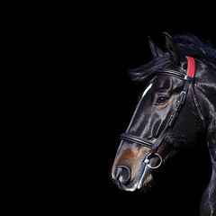 Close-up action shot of a black American Saddlebred horse, with its mane and tail whipping in motion. The horse&rsquo;s eyes are alert, ears forward, and legs elevated in the breed&rsquo;s signature gait. Photogr