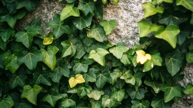 Close up of vibrant green ivy leaves growing on a stone wall