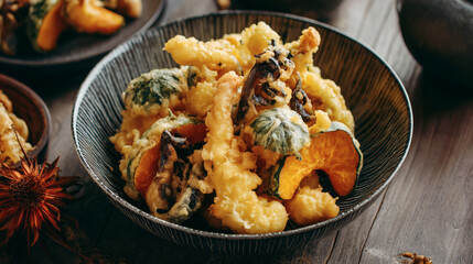 Crispy Japanese Vegetable Tempura Platter with Kabocha Squash and Seafood