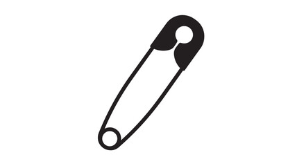 Black outline safety pin icon, minimalist vector line art with rounded head and circular clasp on white background, clean flat design for UI logos