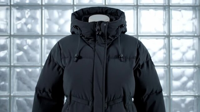 This video showcases a stylish black puffer jacket on a mannequin. It highlights the modern design and warmth of the outerwear.