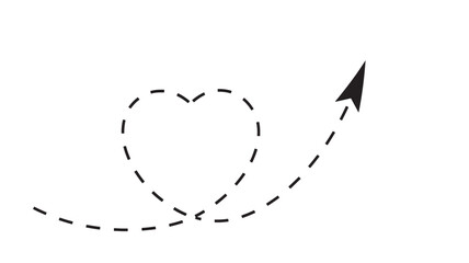 Black dashed line forming a heart-shaped path with a curved tail ending in an arrow, minimalist vector illustration on white background