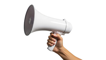 A white megaphone held by a hand isolated and ready for announcements on transparent background