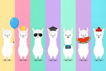 Cute llama character set with fun accessories on colorful striped pastel background