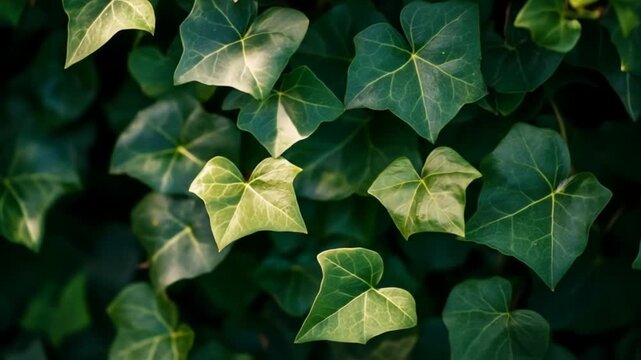 Close up of vibrant green ivy leaves natural texture overhead shot