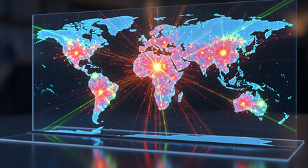 Global business connectivity concept with glowing digital network over world map and bright light rays on dark futuristic background
