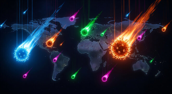Global cyber attack on world map with neon digital beams and glowing hacker targets in futuristic dark environment - Powered by Adobe