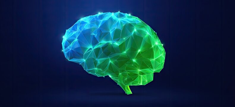 Abstract brain illustration with blue and green polygons on dark background