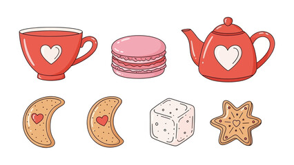 Sweet Treats Ensemble: An array of delightful pastries, from macarons to heart-shaped cookies and a cute teapot, invites one to indulge in a symphony of flavors.