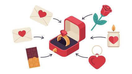 A Token of Affection: A romantic collage of symbols includes a sparkling ring in a velvet box, accompanied by a letter with heart, a single rose, chocolate, a candle and a heart shaped pendant.