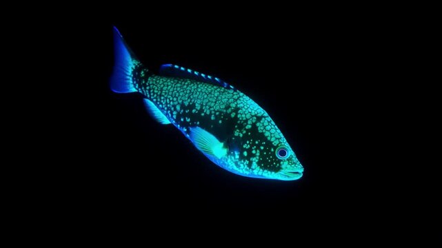 Close-up of a predatory anglerfish using a luminous lure in the deep sea, featuring atmospheric lighting and intense detail, 3D render.
