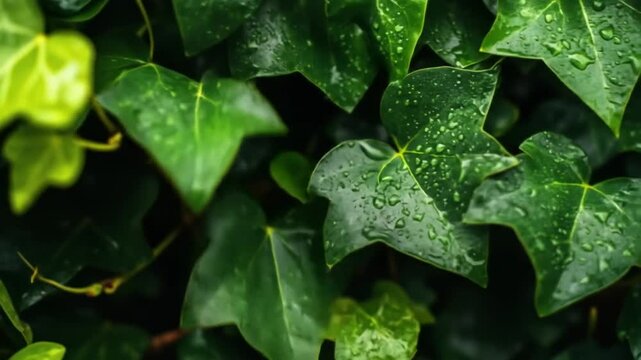 Close up of vibrant green ivy leaves with water droplets nature backdrop