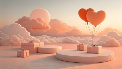 Dreamy 3D Podium Display with Peach Heart Balloons and Gift Boxes against a Scenic Sunset Cloud Background for Romantic Showcase