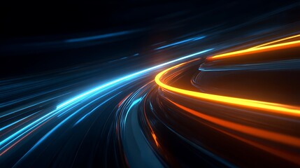 Abstract digital art depicts dynamic light trails in shades of blue and gold against a dark backdrop