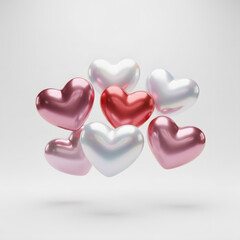 Fototapeta premium 3D Glossy Metallic Hearts Collection in Pink and Red, Isolated Valentine's Day Decorative Elements on Transparent Background