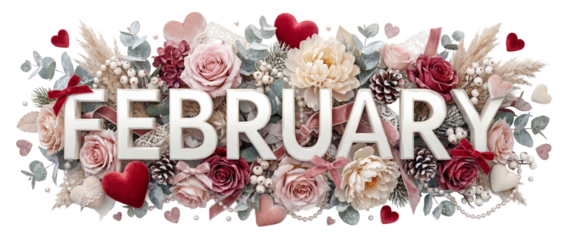 February floral decoration in pastel colors with Valentine hearts