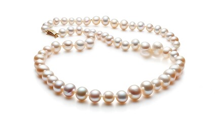 A strand of lustrous, cream-colored pearls with a gold clasp lies against a bright white backdrop, showcasing classic elegance