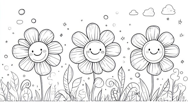 Happy flowers garden illustration, coloring book page