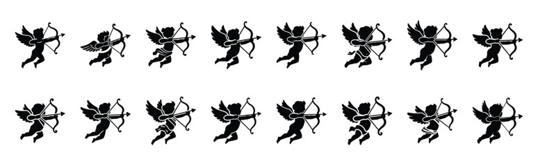 Collection of cupid shooting arrow silhouette valentine vector icon set. Clean romantic icons symbols isolated on a white background for Valentine’s Day. © ganesh106