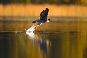 Peregrine falcon in dynamic flight, splashing water as it takes off from a golden lake surface.