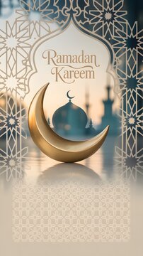 Beautiful 3D Islamic mosque silhouette with glowing crescent for Ramadan stories