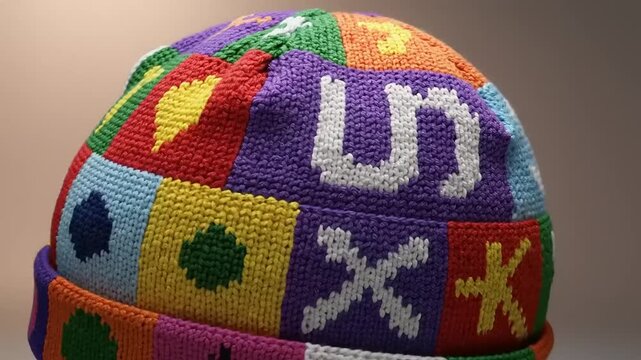 Vibrant knitted beanie with colorful patchwork design sits on a spotlight against a gray background