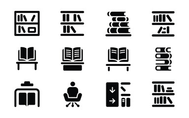 Library Navigation and Bookshelf Icons with Reading Person and Directional Symbols