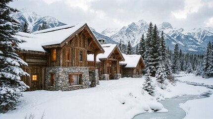 Fototapeta premium Luxurious wooden and stone lodge nestled beside a frozen stream surrounded by snow-covered evergreen trees and mountains.