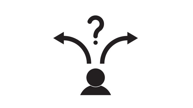 Black silhouette of a person facing two curved arrows branching left and right with a question mark above, symbolizing indecision and choosing a path