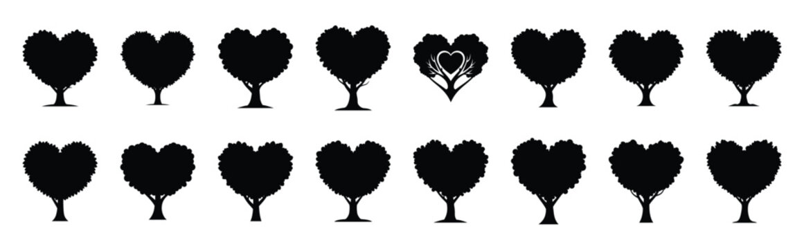 Collection of heart shaped tree silhouette valentine vector icon set. Clean romantic icons symbols isolated on a white background for Valentine&rsquo;s Day.