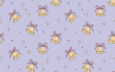 Cute Seamless Pattern with Gold Bells Pink Bows and Sparkles on Lavender Background