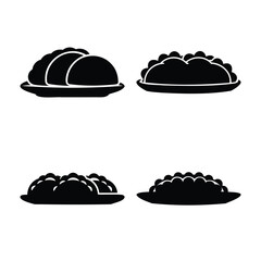 Minimalist black silhouettes of various delicious dumplings and pastries on plates