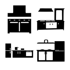 Modern kitchen furniture and appliance layouts in black silhouette icon set