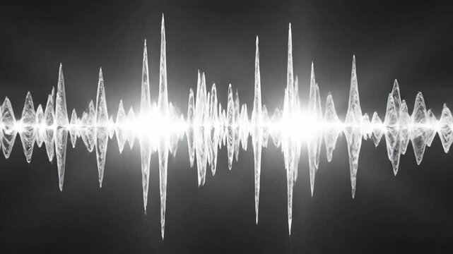 Audio waveform visualization with bright white spikes against a dark gray background, reflecting below.
