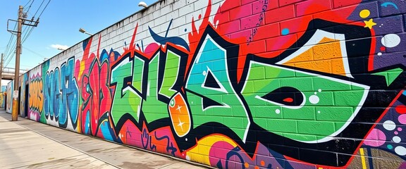Geometric graffiti art on urban wall, vibrant colors, modern, bright