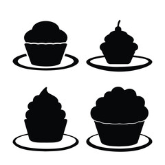 A collection of simple black cupcake silhouettes with different frosting styles on white plates
