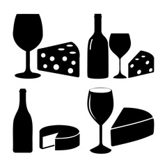 Classic wine and cheese elements: bottles, glasses, and cheese silhouettes
