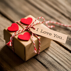 "Kraft Gift Box with I Love You Tag and Red Felt Hearts on Rustic Wood &mdash; Handmade Valentine Present Packaging"