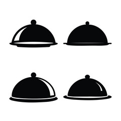 Collection of four elegant black silhouette food covers on a tray for restaurant service