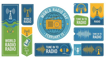 World Radio Day February 13 Poster Collection with Radio Icons and Typography