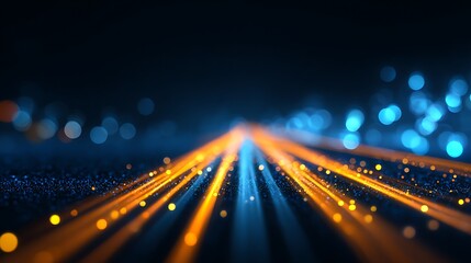 Abstract digital image depicting light trails on a dark backdrop, with bokeh